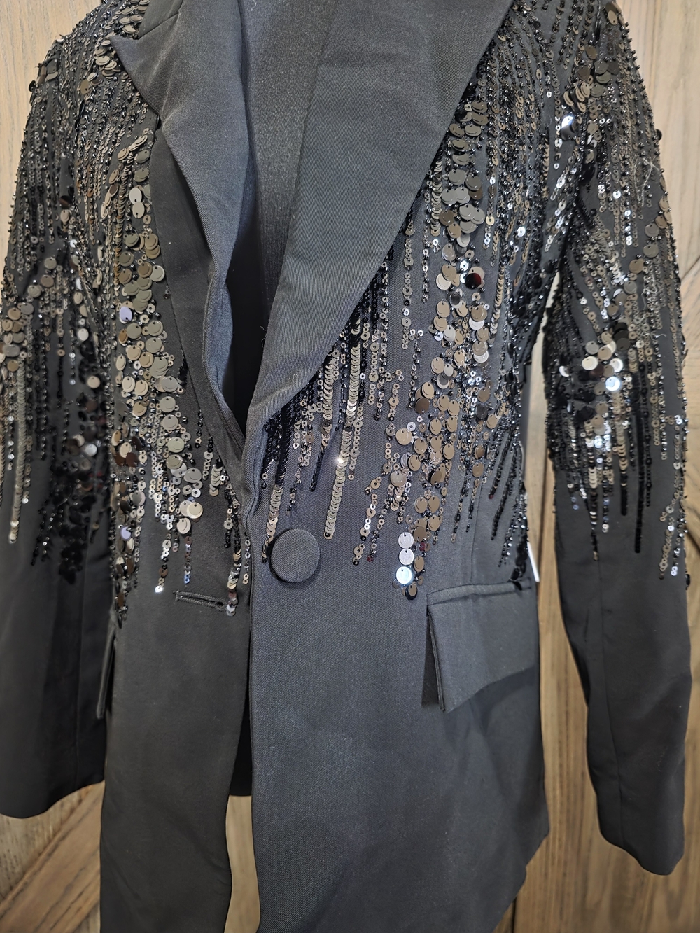 NWT NADINE MERABI Black Sequin Tuxedo Blazer - Picture 3 of 5